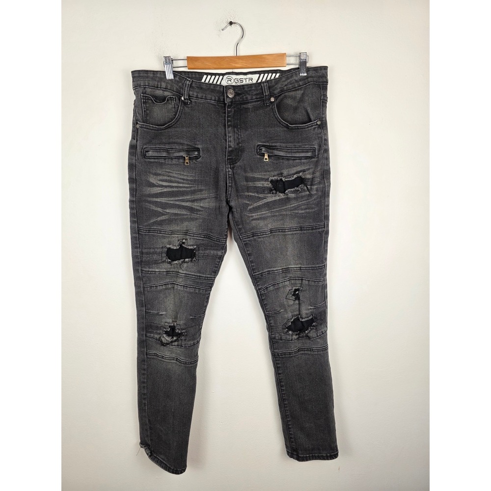 RGSTR Mens Biker Jeans Faded Black Distressed Moto Slim Fit Denim Size 36